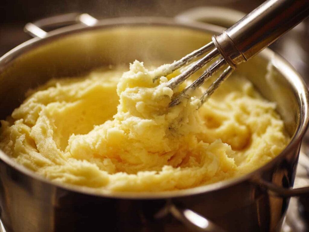 mashing boiled potatoes without milk in a pot