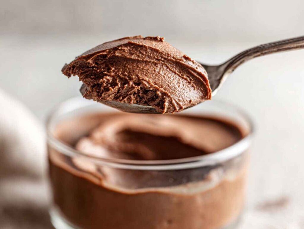 Thick chocolate mousse on a spoon above a small glass jar