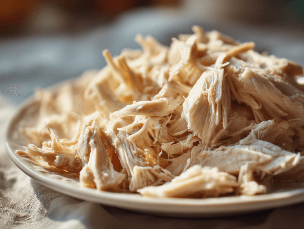 Shredded boiled chicken on a plate showing moist, separated fibers