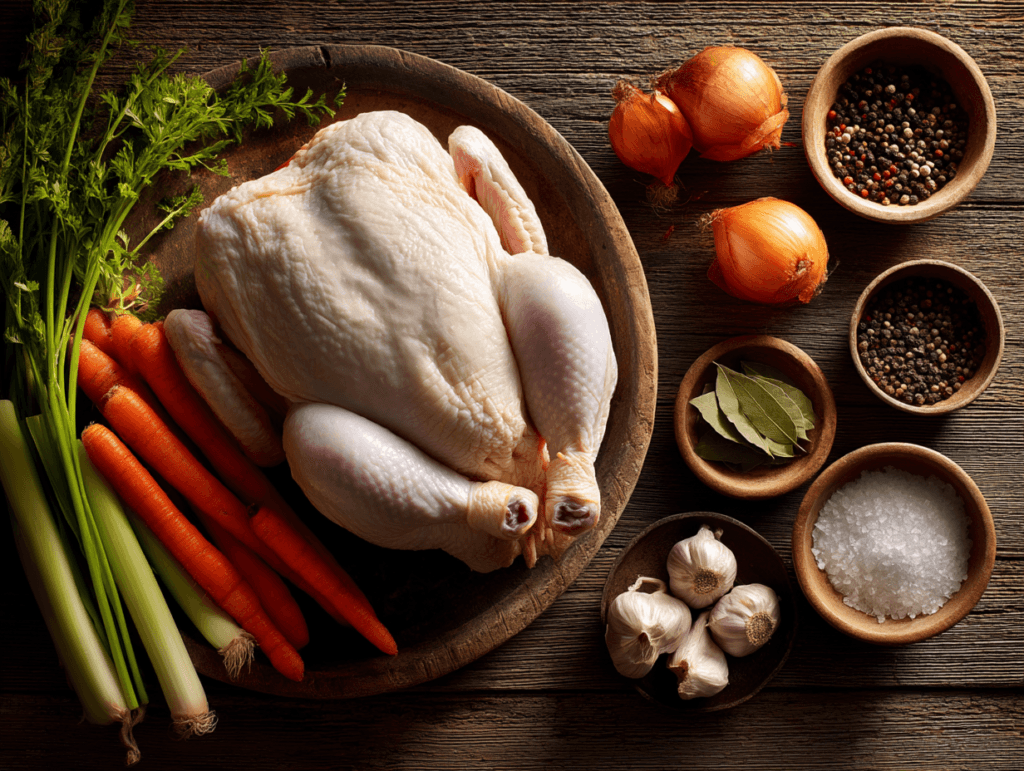 Raw whole chicken arranged with carrots, celery, onions, garlic, bay leaves, peppercorns, and coarse salt on a wooden board
