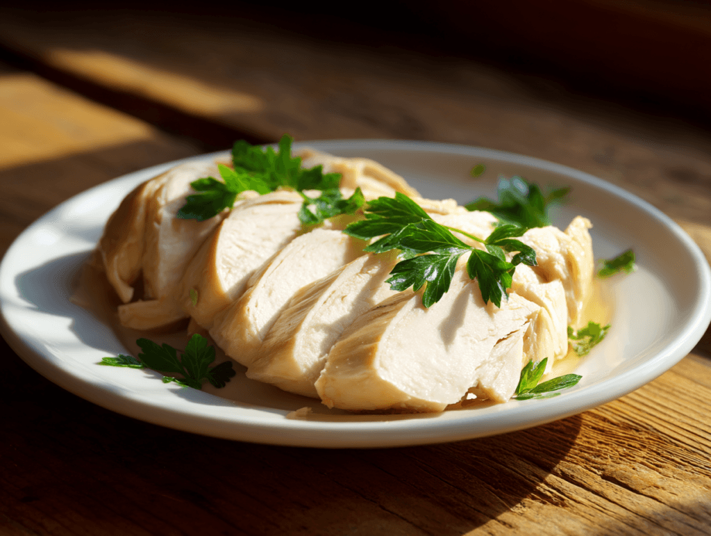 how long to boil a whole chicken shown cooked and sliced on a plate