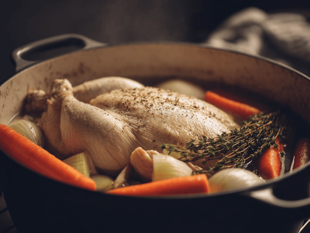 Whole chicken simmering in a pot with carrots, onions, garlic, and thyme sprigs