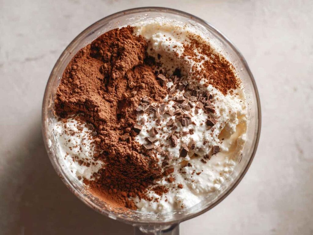 Cottage cheese, cocoa powder, and chopped chocolate in a blender cup, ready to be mixed.