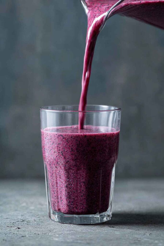 Smooth blueberry yogurt smoothie being poured into a glass, showing a thick and creamy texture