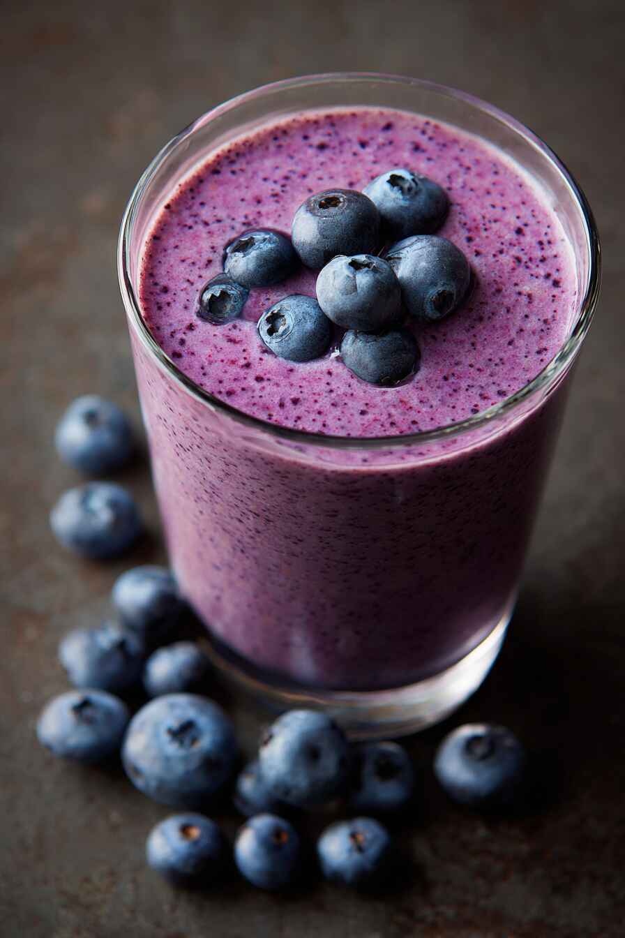 Creamy blueberry yogurt smoothie served in a glass, topped with fresh blueberries and smooth blended texture