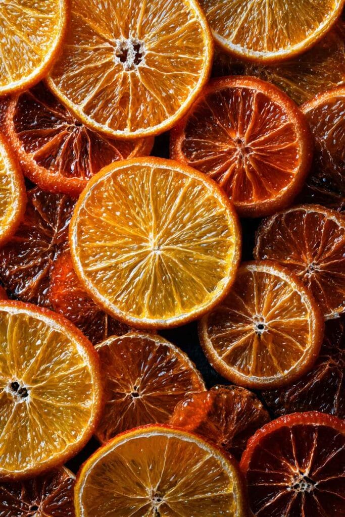 Close view showing the texture of candied orange slices