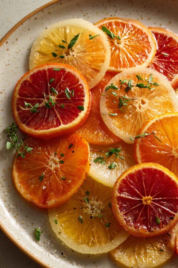 Slices of candied orange served on a plate