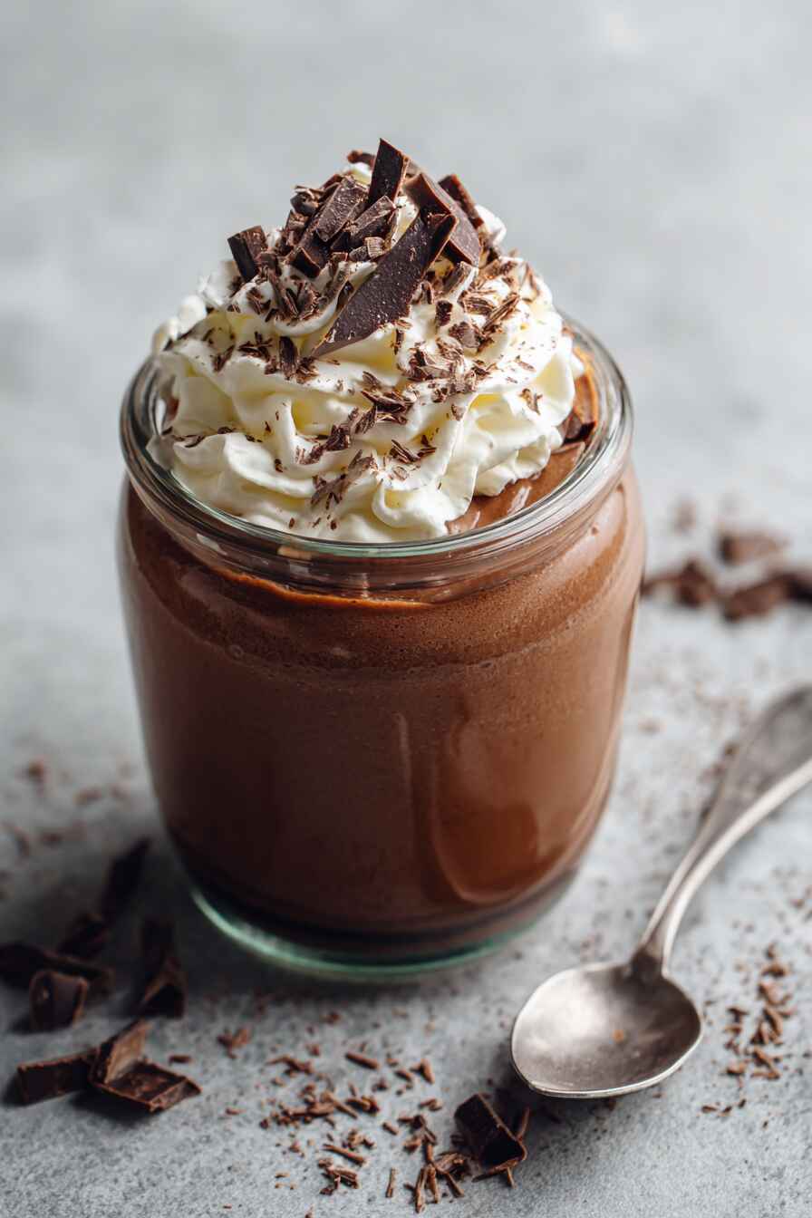 Creamy cottage cheese chocolate mousse in a glass jar topped with whipped cream and dark chocolate shavings