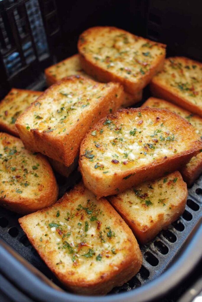 Golden frozen garlic bread slices cooking in an air fryer basket