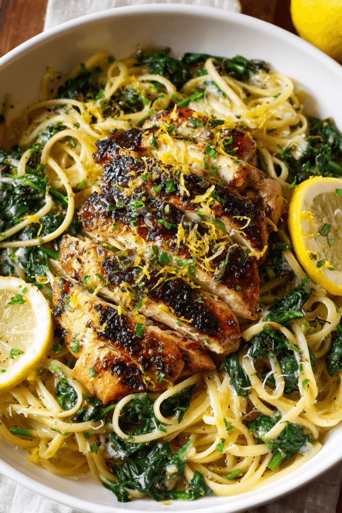 Creamy lemon parmesan pasta with grilled chicken, sautéed spinach, and fresh lemon zest served in a white bowl
