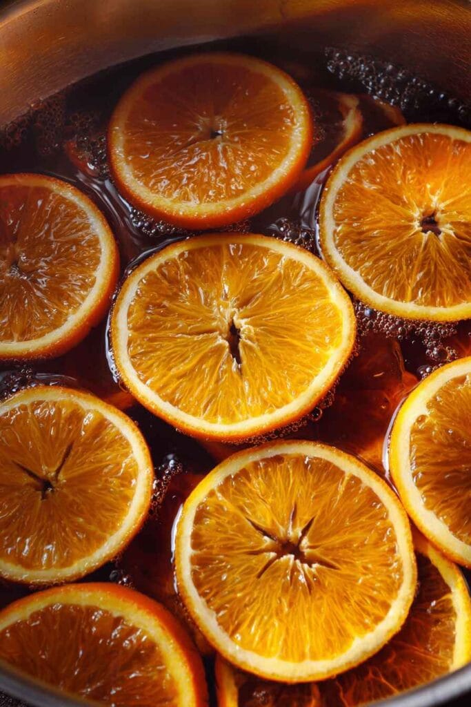 Orange slices in a pot during cooking