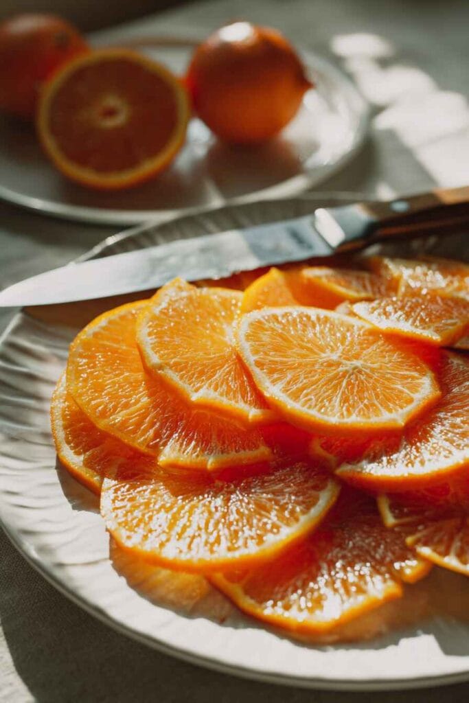 Orange slices arranged on a plate before cooking