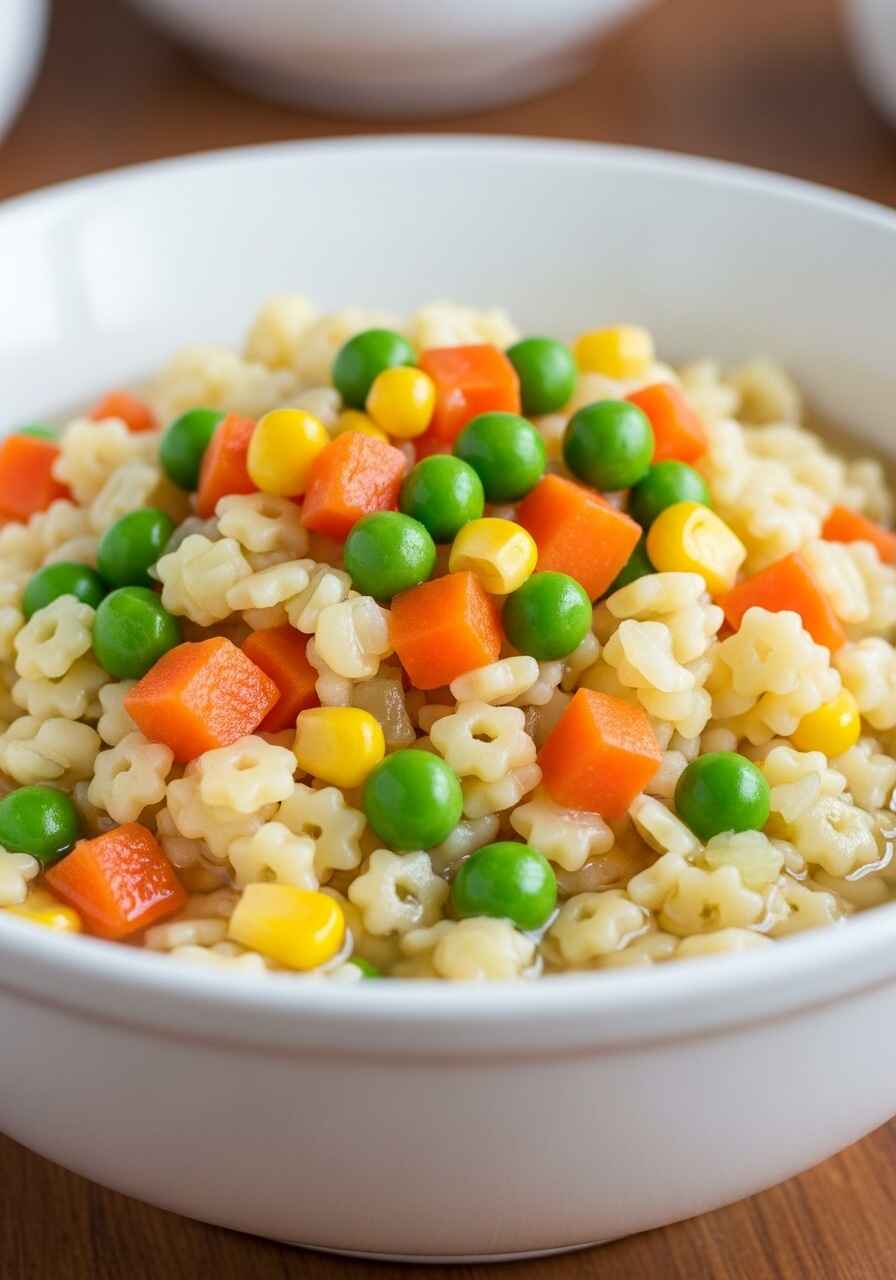 Pastina with vegetables served in a white bowl with peas, carrots, and corn