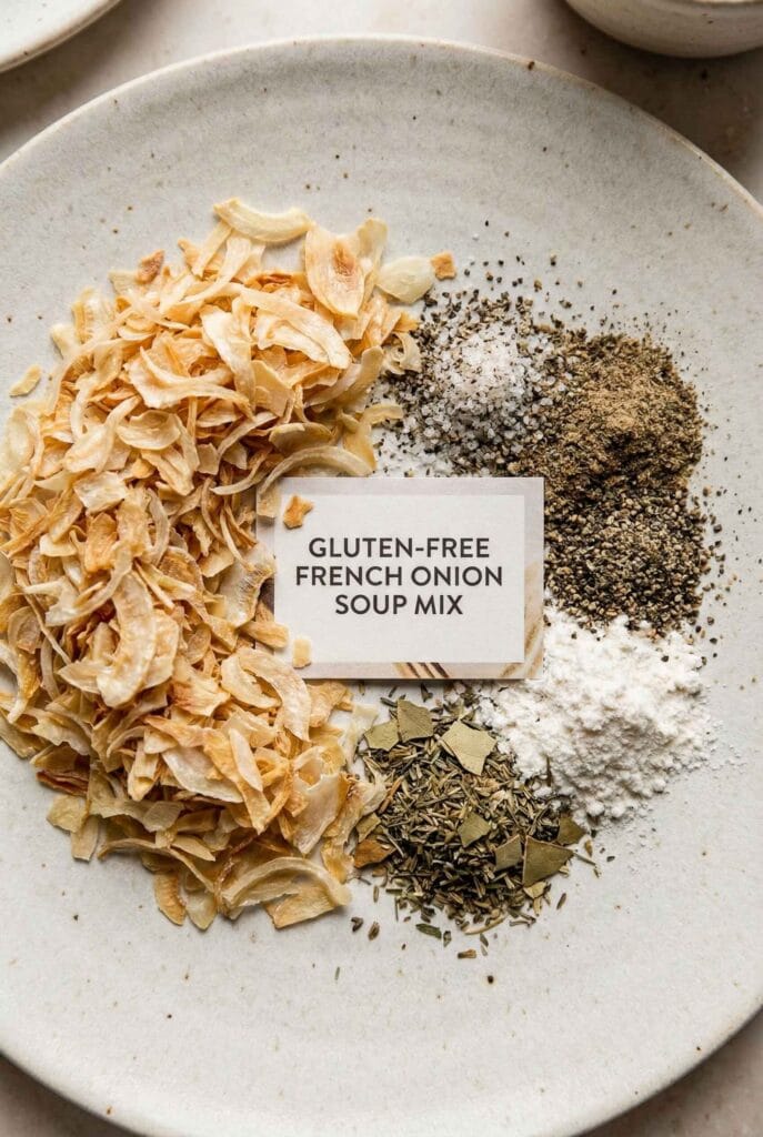 Gluten free French onion soup mix ingredients arranged on a plate