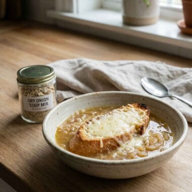 Gluten free French onion soup made with a homemade onion soup mix, topped with melted cheese and toasted bread.