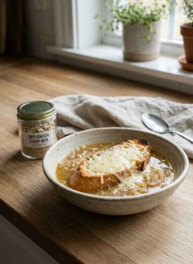 Gluten free French onion soup made with a homemade onion soup mix, topped with melted cheese and toasted bread.