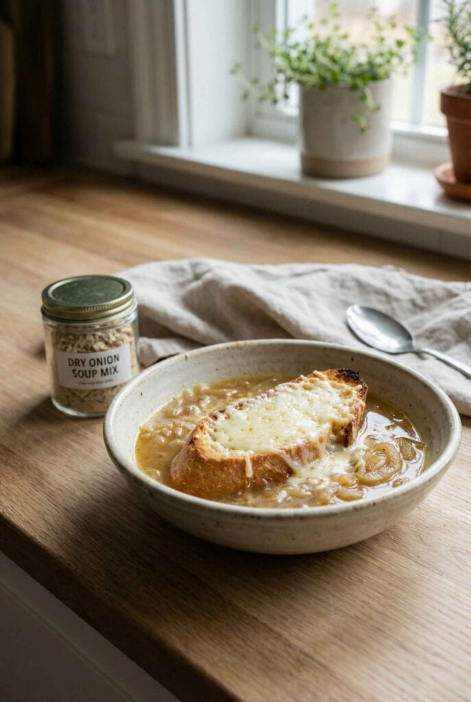 Gluten free French onion soup made with a homemade onion soup mix, topped with melted cheese and toasted bread.