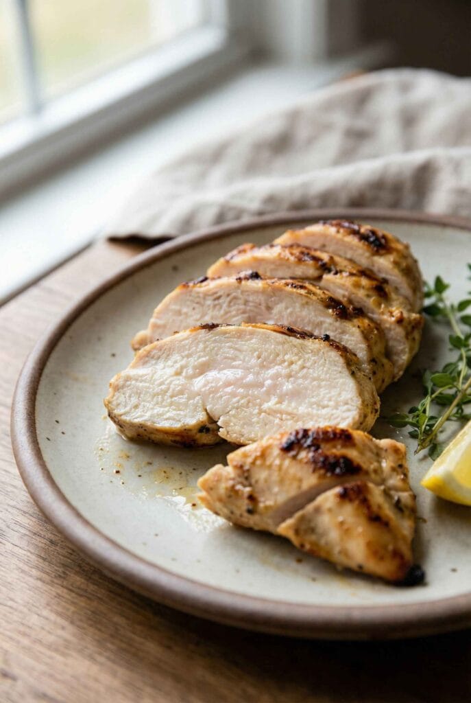 Sliced yogurt marinated chicken breast showing a juicy, tender interior