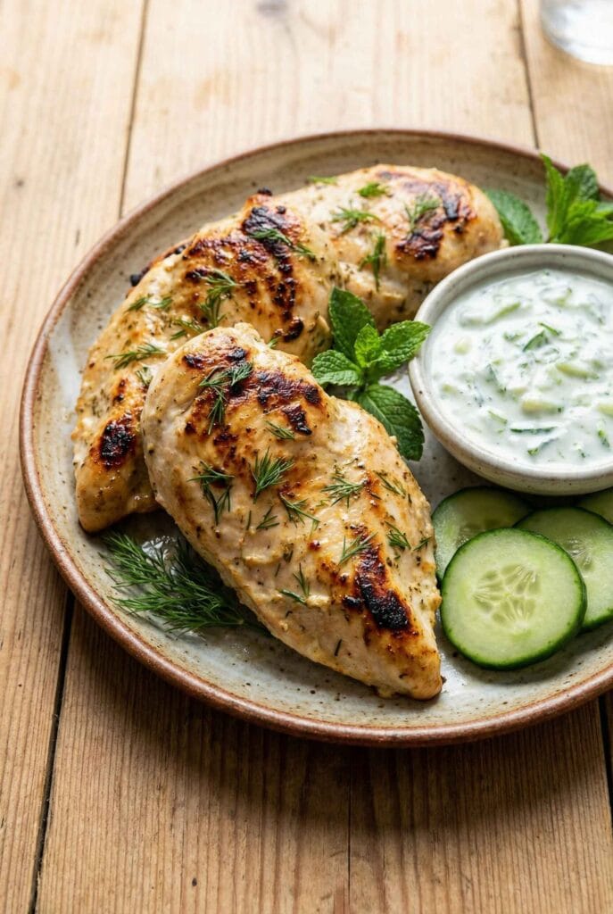 Yogurt marinated chicken breast served with cucumber yogurt sauce and fresh herbs