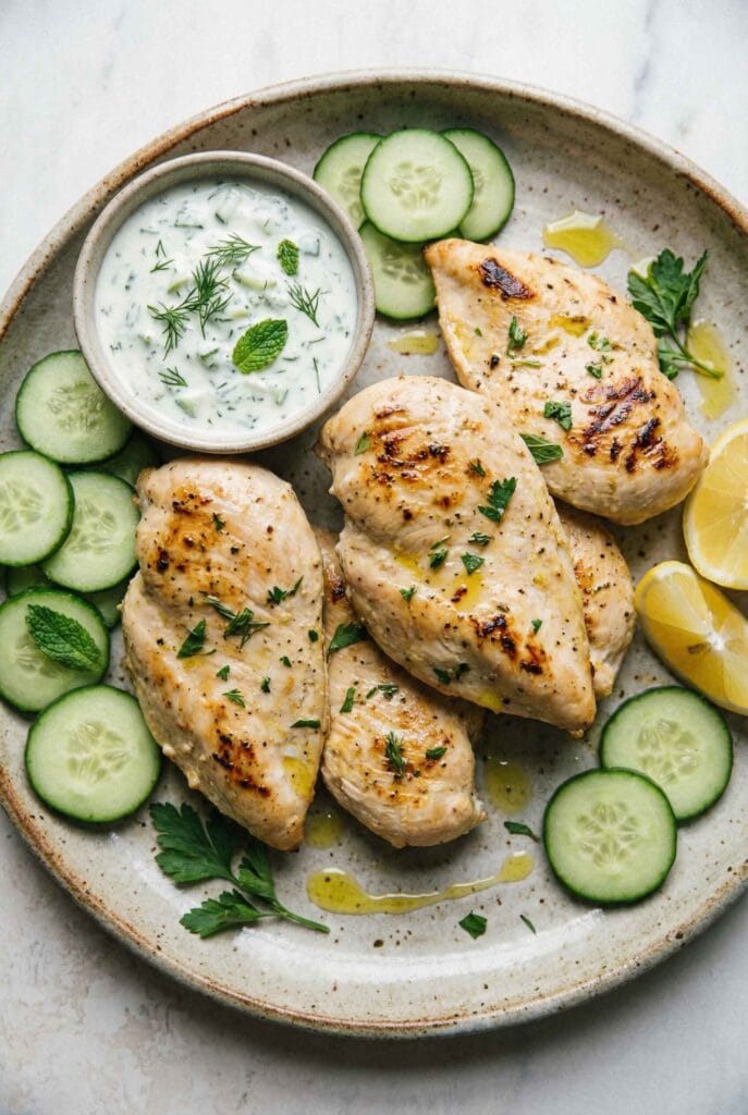 Yogurt marinated chicken breast served with cucumber yogurt sauce and fresh herbs