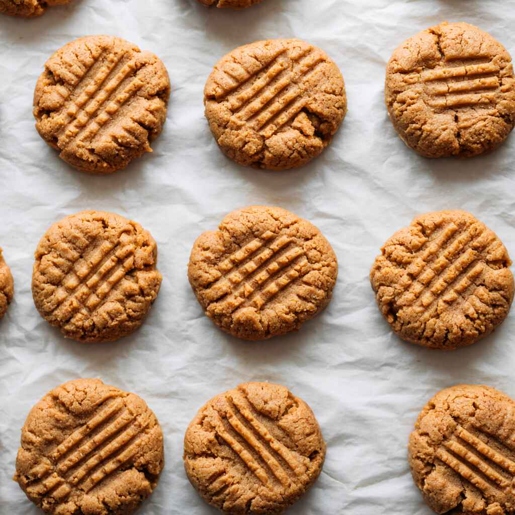 Baked peanut butter protein cookies on parchment paper with fork marks