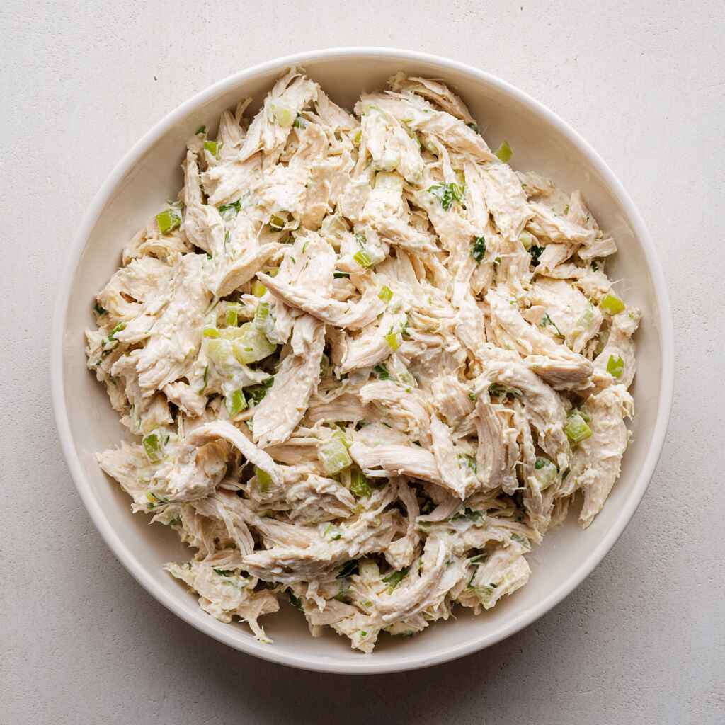 high protein chicken salad mixture combined with creamy dressing and celery