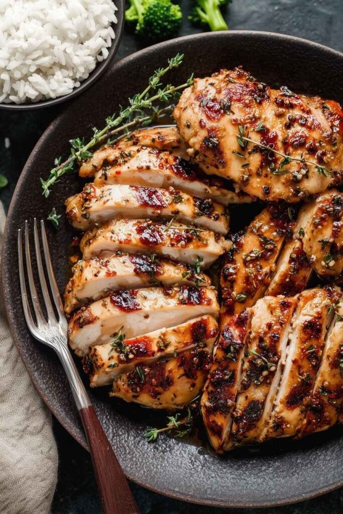sliced chicken thighs served with white rice for high protein meal prep