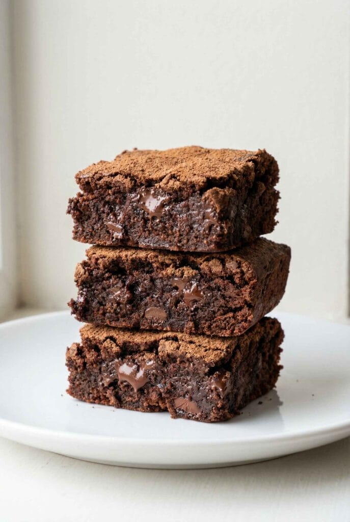 Chocolate brownies with protein powder stacked on a white plate with cocoa dusting and fudgy melted center
