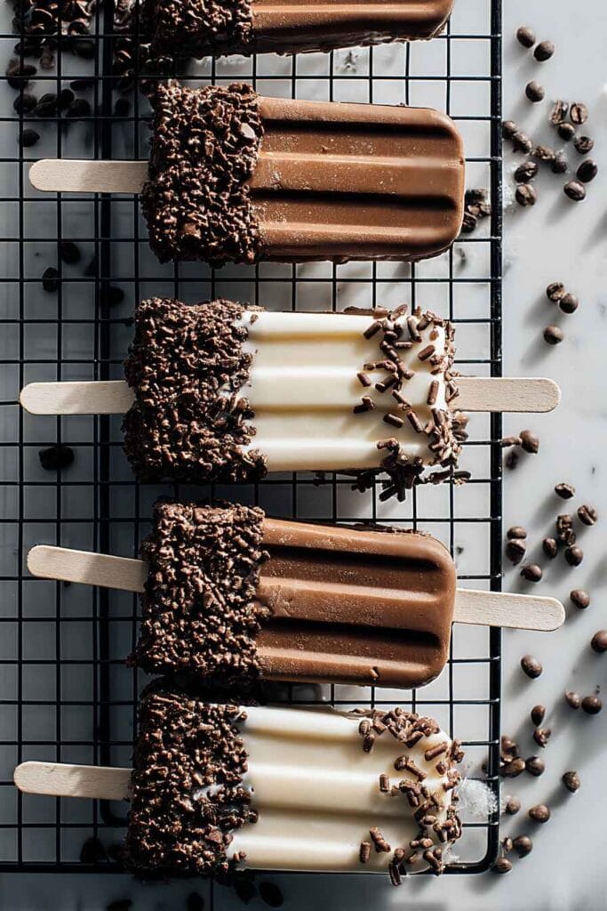 greek yogurt ice cream bars dipped in chocolate and topped with crunchy chocolate crumbs on a cooling rack