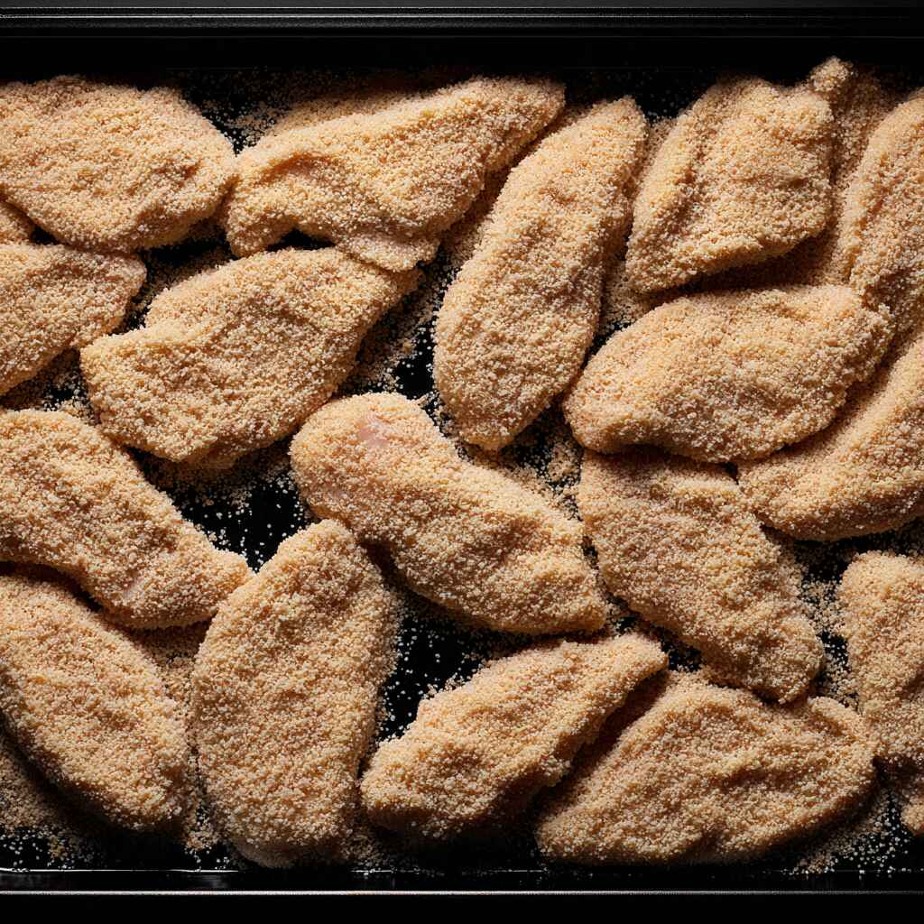 Chicken strips coated with breadcrumbs arranged on a baking tray