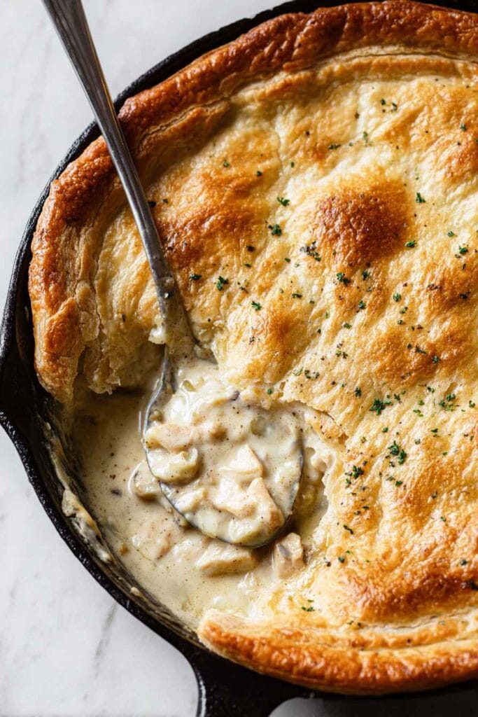 Low carb chicken pot pie with creamy filling and golden crust texture