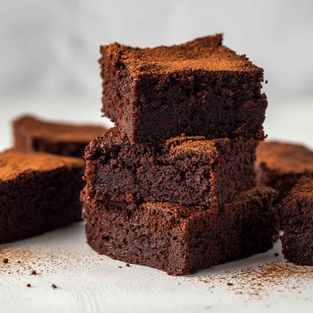 Chocolate brownies with protein powder stacked showing dense moist texture and cocoa dusting