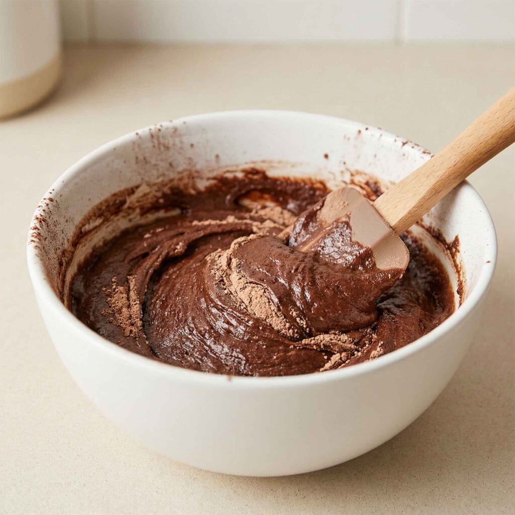 Chocolate brownie batter with protein powder being folded in a white mixing bowl