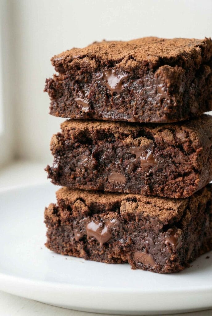 Close-up of chocolate brownies with protein powder showing melted chocolate center and dense fudgy crumb