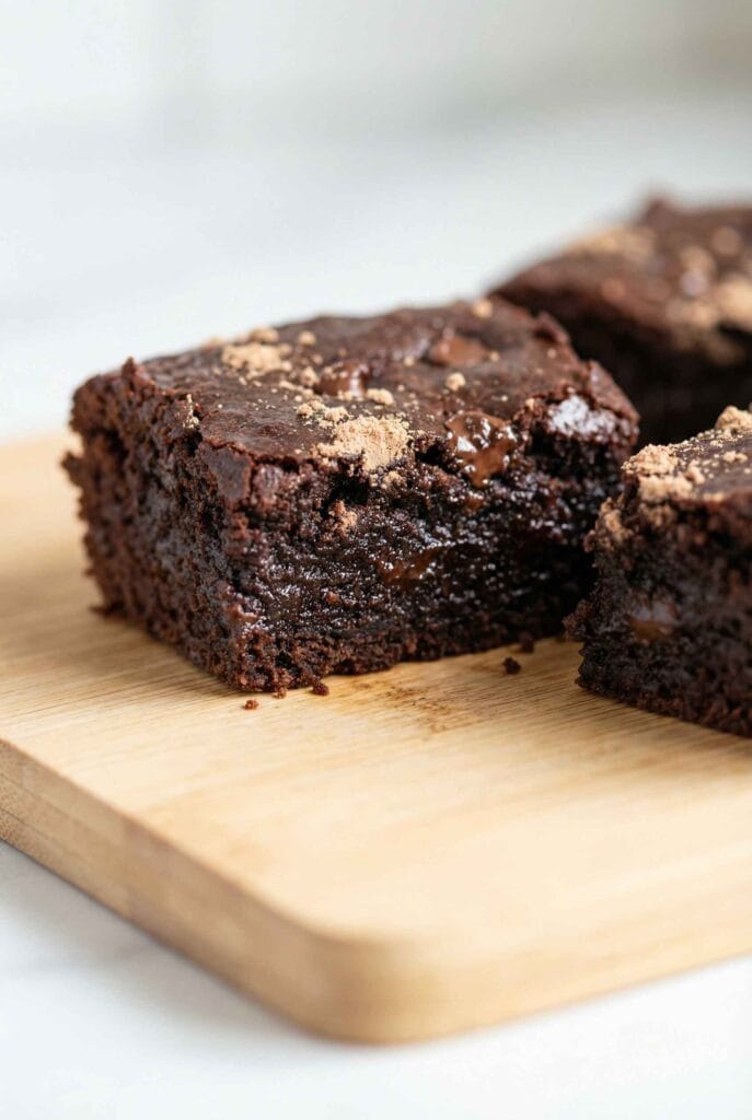 Close-up of chocolate brownies with protein powder showing dense fudgy texture and melted chocolate center