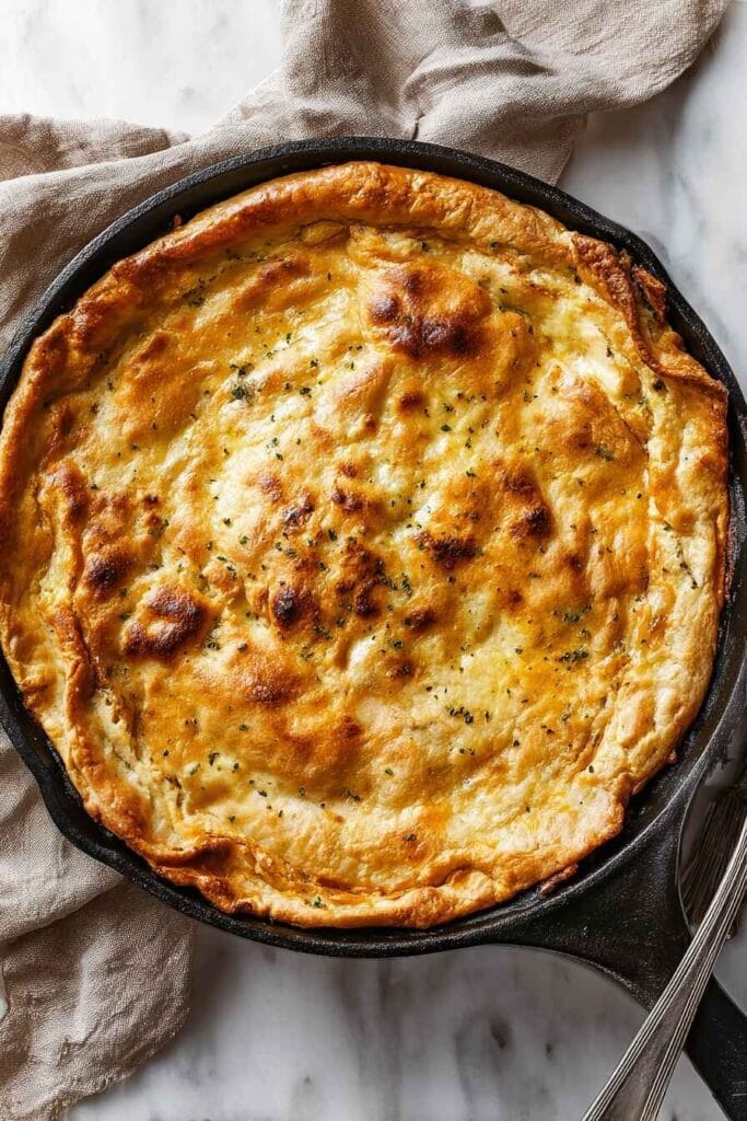 Baked low carb chicken pot pie with a golden crust in a skillet