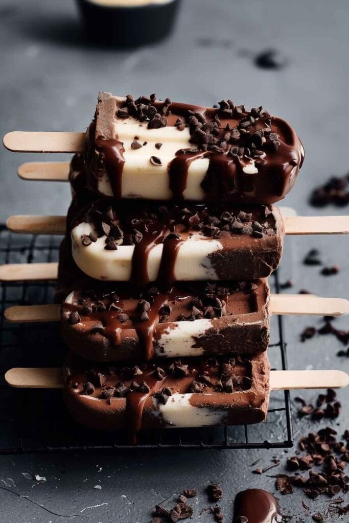 Greek yogurt ice cream bars with chocolate drizzle and chocolate chips on cooling rack
