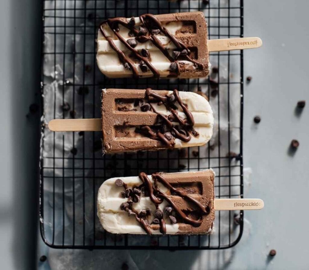 Greek yogurt ice cream bars just removed from the freezer resting on a cooling rack
