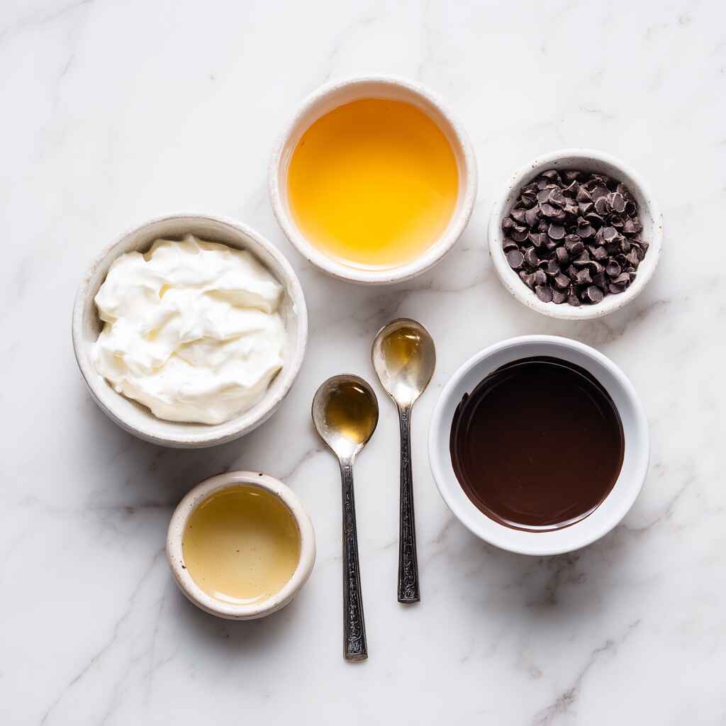 Ingredients for Greek yogurt ice cream bars including Greek yogurt, honey, vanilla extract, and chocolate chips