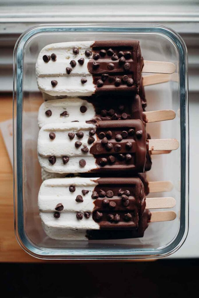 Greek yogurt ice cream bars stored in a glass meal prep container