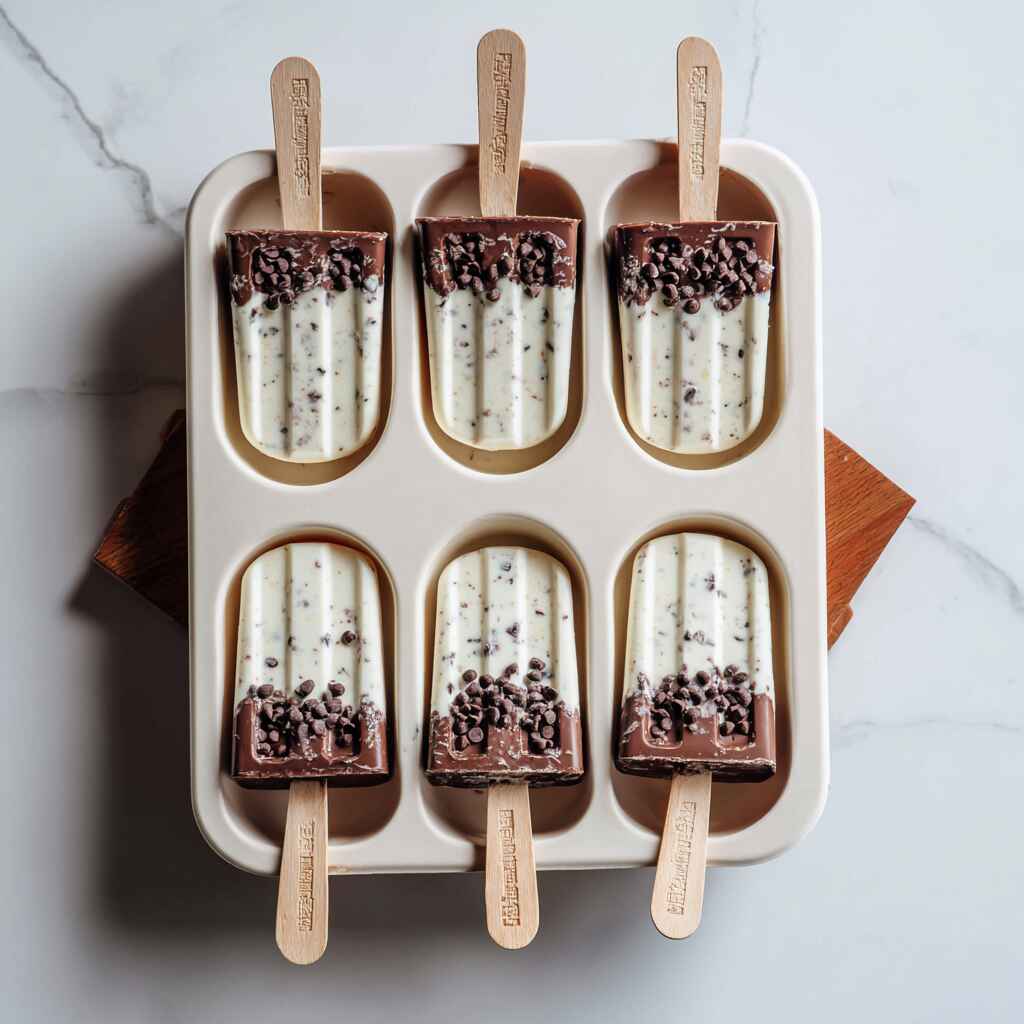 Greek yogurt ice cream bars mixture in silicone popsicle molds with chocolate and chocolate chips
