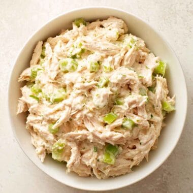 high protein chicken salad in a bowl with creamy texture and celery pieces