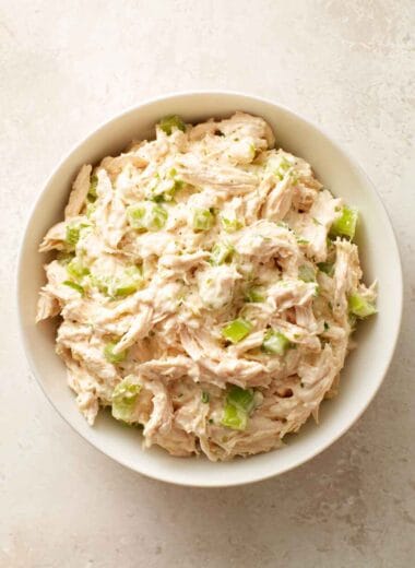 high protein chicken salad in a bowl with creamy texture and celery pieces