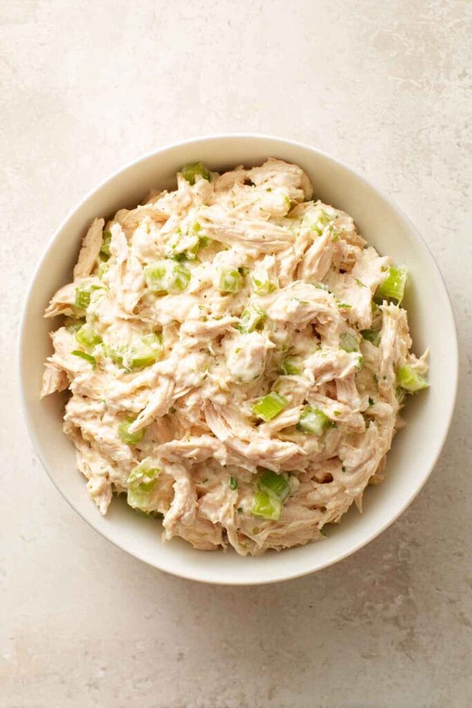 high protein chicken salad in a bowl with creamy texture and celery pieces
