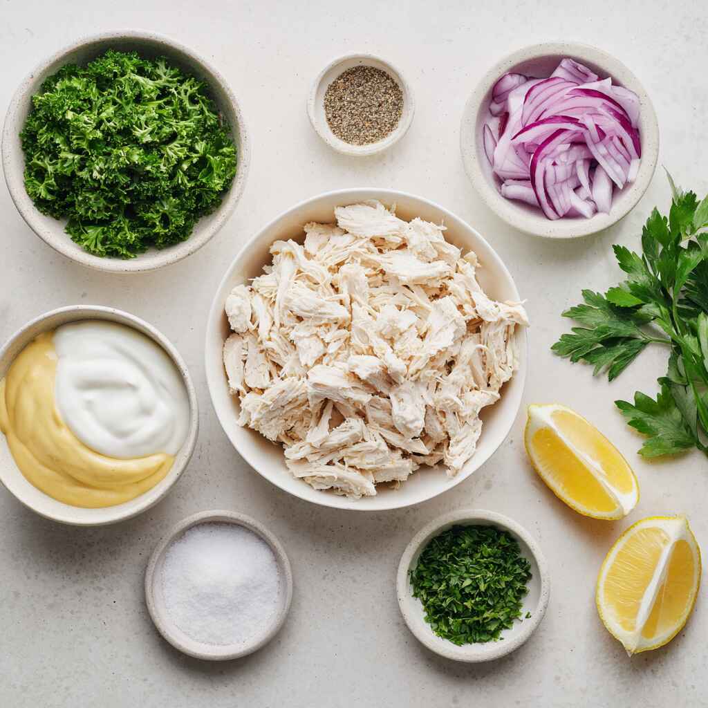 ingredients for high protein chicken salad including shredded chicken yogurt celery onion and lemon