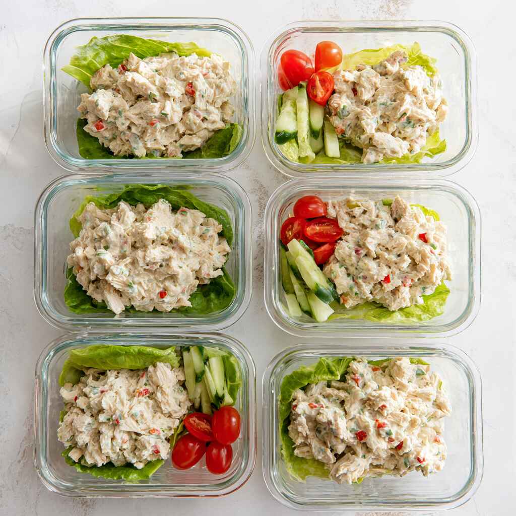 high protein chicken salad meal prep in glass containers with vegetables