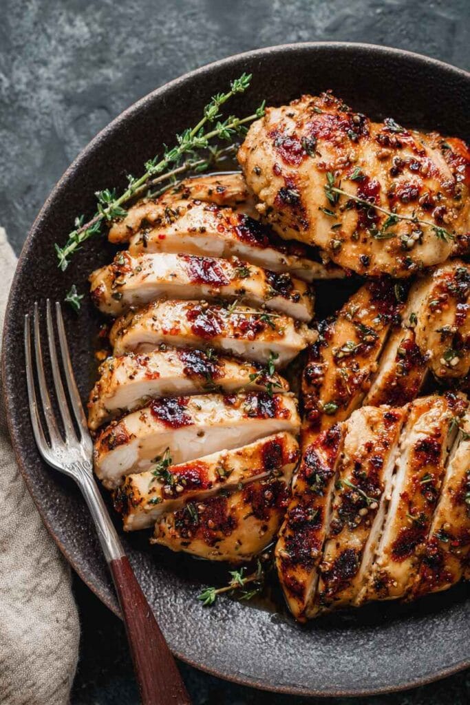 high protein chicken thighs sliced and seasoned with spices served on a plate