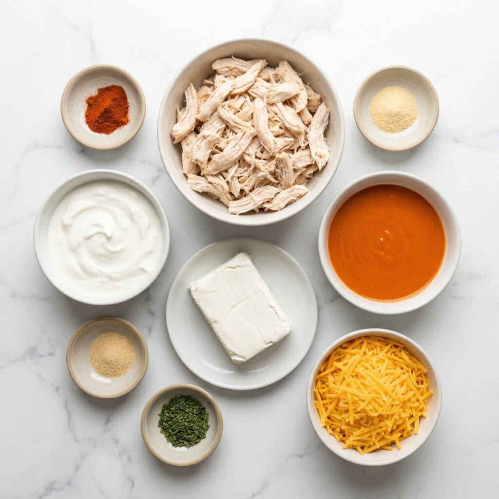 ingredients for high protein buffalo chicken dip including shredded chicken, greek yogurt, cream cheese, buffalo sauce and cheddar cheese