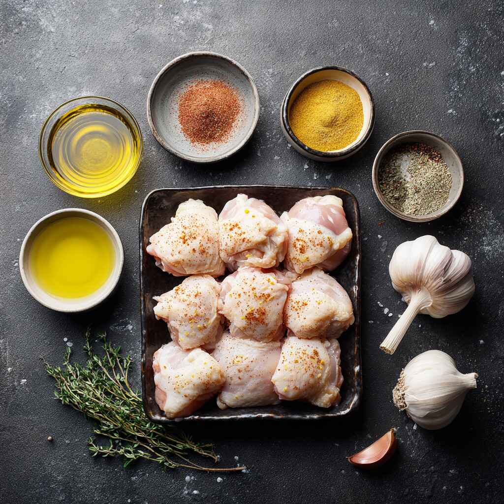 raw chicken thighs with garlic, paprika, olive oil, onion powder, salt, and black pepper