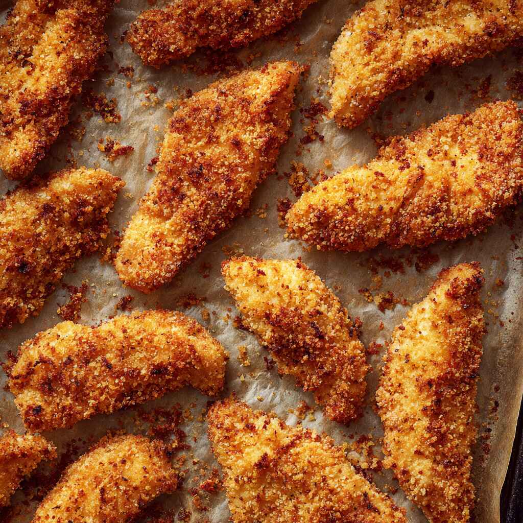 Baked low calorie chicken strips cooking on a tray in the oven